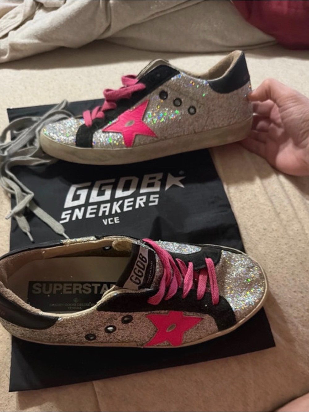 Golden Goose Glitter Superstar Sneakers in Silver with Pink Star